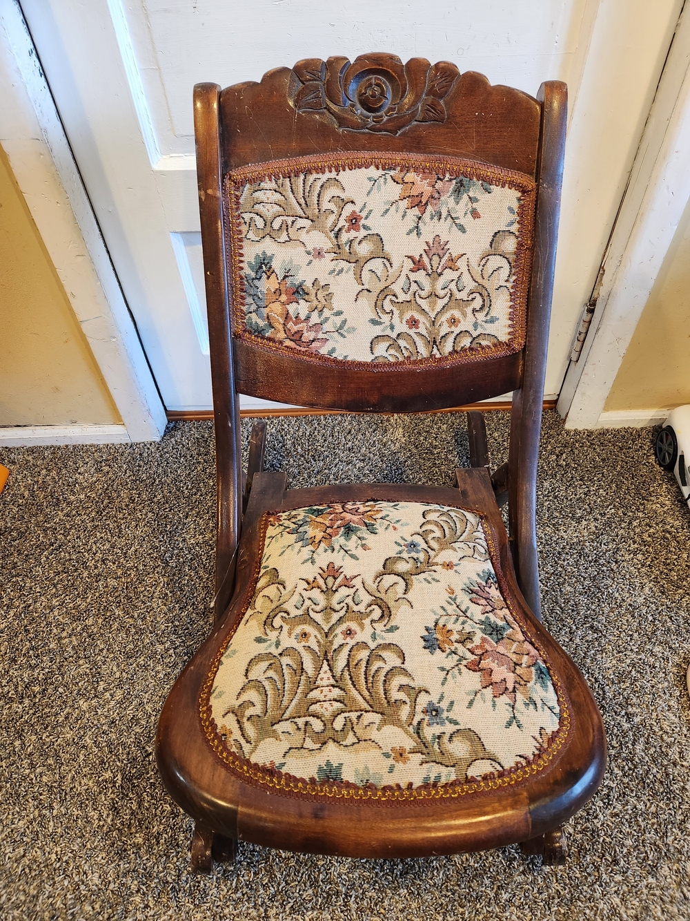 Antique Floral Upholstered Wooden Folding Rocking Chair - Brown - Picture 3 of 12
